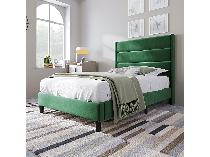 Gestoffeerd bed 90x200cm, fluweel donkergroen, modern design, met lattenbodem en hoofdbord.