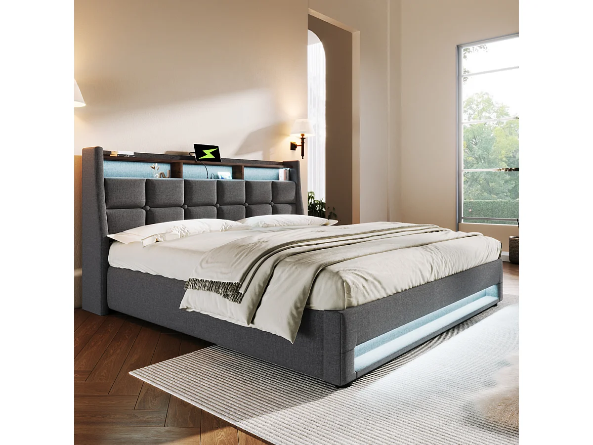 Cama tapizada con USB, LED, somier de láminas, estructura de metal, 140x200cm, lino (sin colchón)