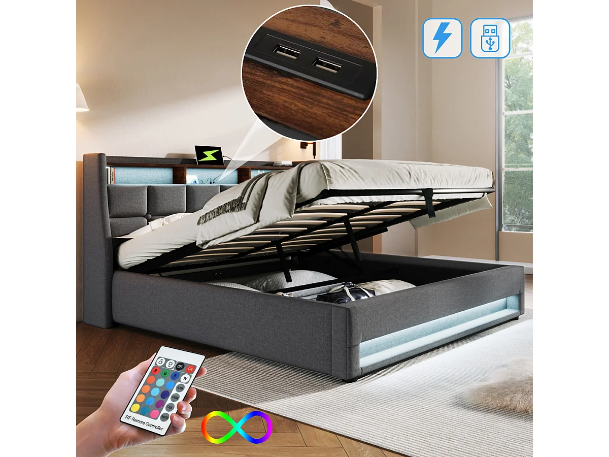 Cama tapizada con USB, LED, somier de láminas, estructura de metal, 140x200cm, lino (sin colchón)