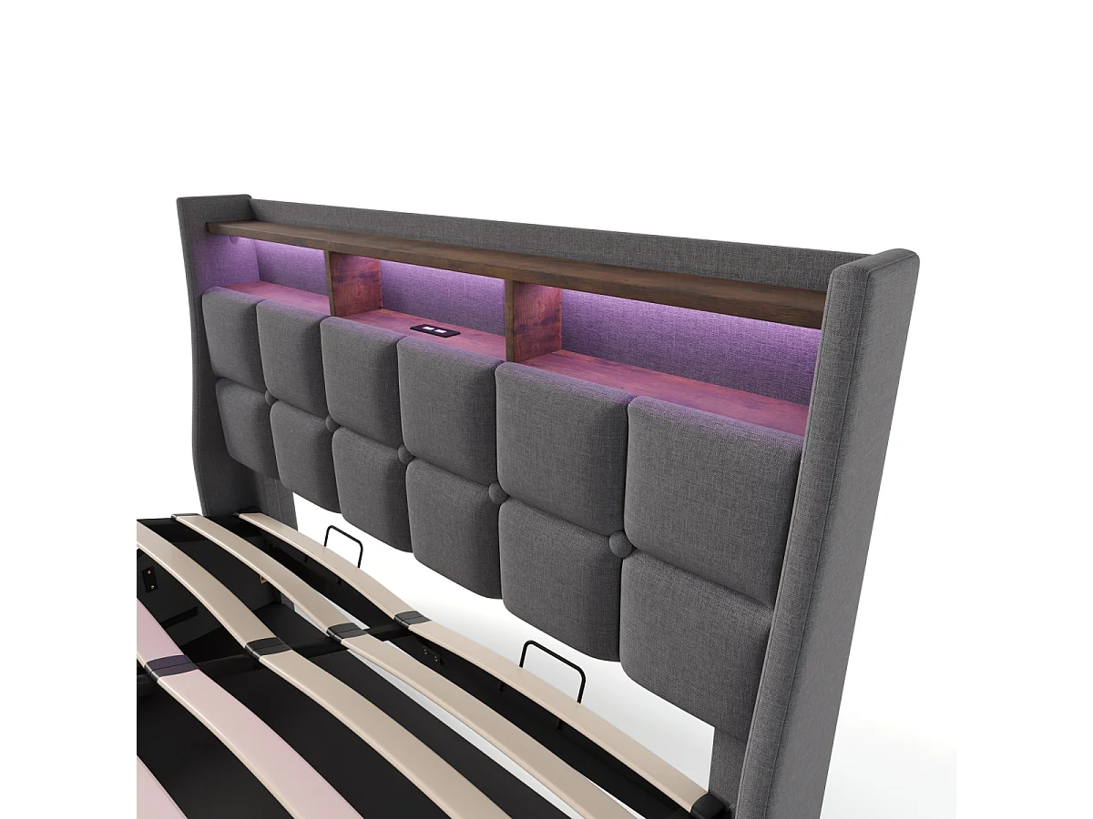 Cama tapizada con USB, 140x200cm, LED cama doble con somier (con colchón)