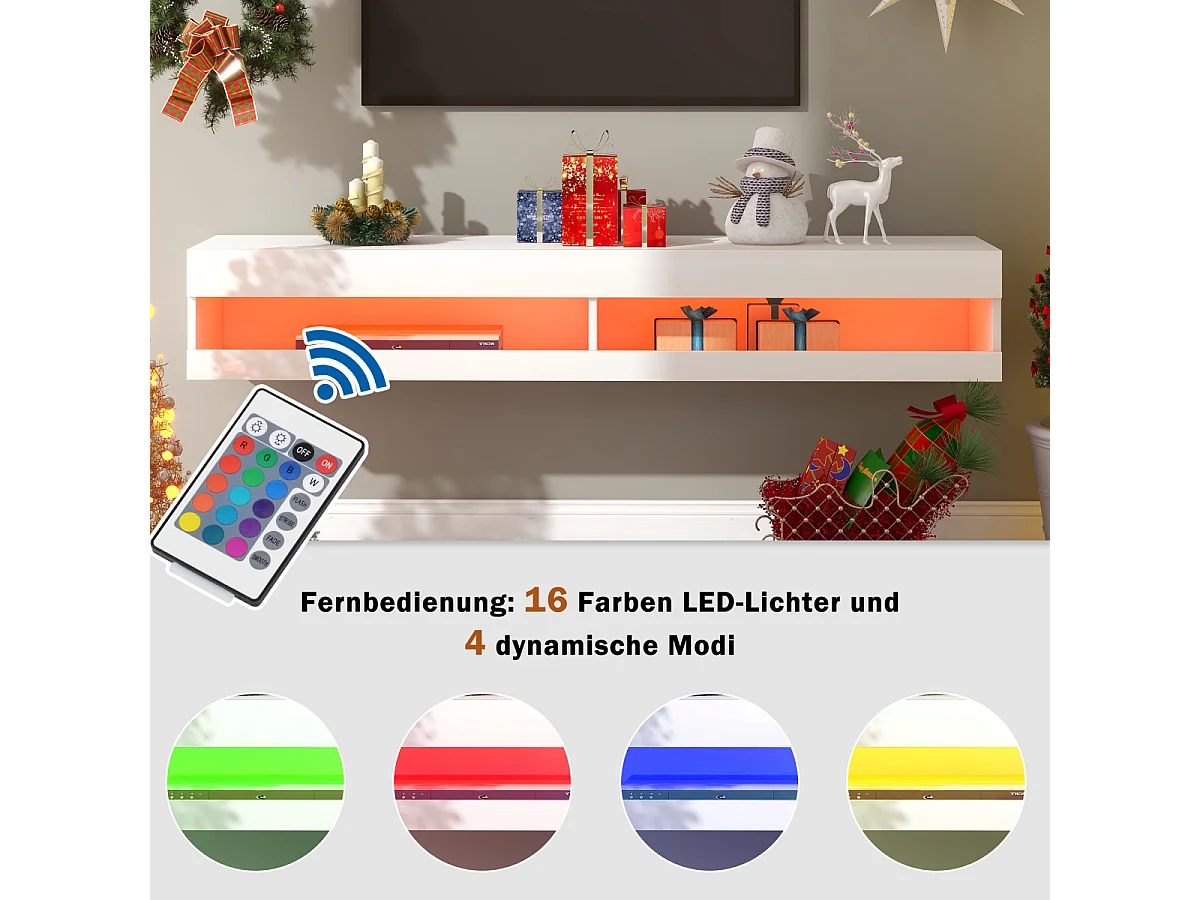 Meuble TV LED blanc avec éclairage LED et rangement - 140 x 40 x 30,5 cm