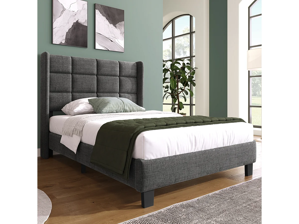 Modern grijs linnen gestoffeerd eenpersoonsbed met lattenbodem (90x200cm)