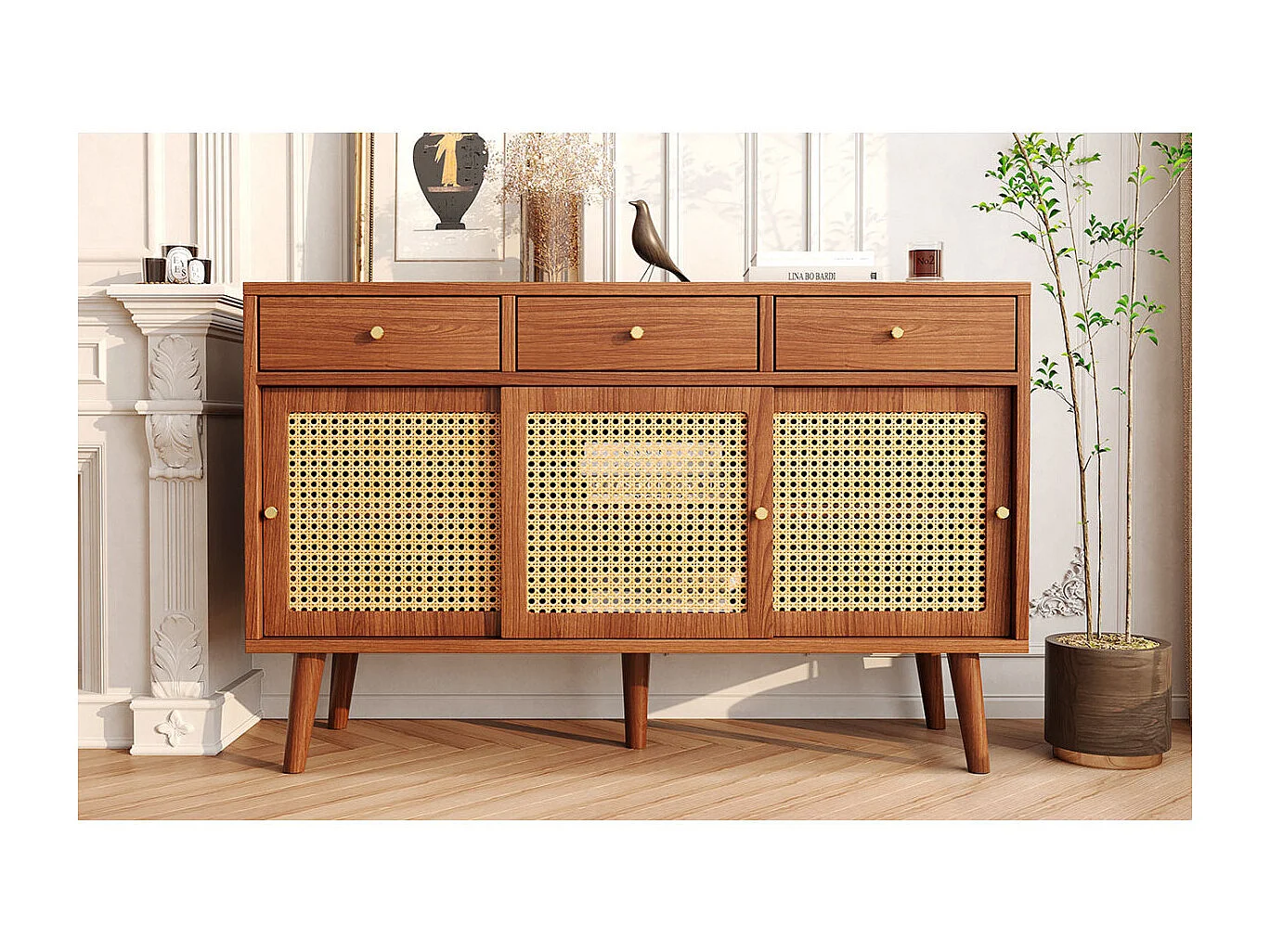 Buffet couleur noyer avec 3 tiroirs, 3 portes coulissantes, treillis en rotin, pieds en bois massif, poignées dorées, étagères réglables, 120x40x78cm.