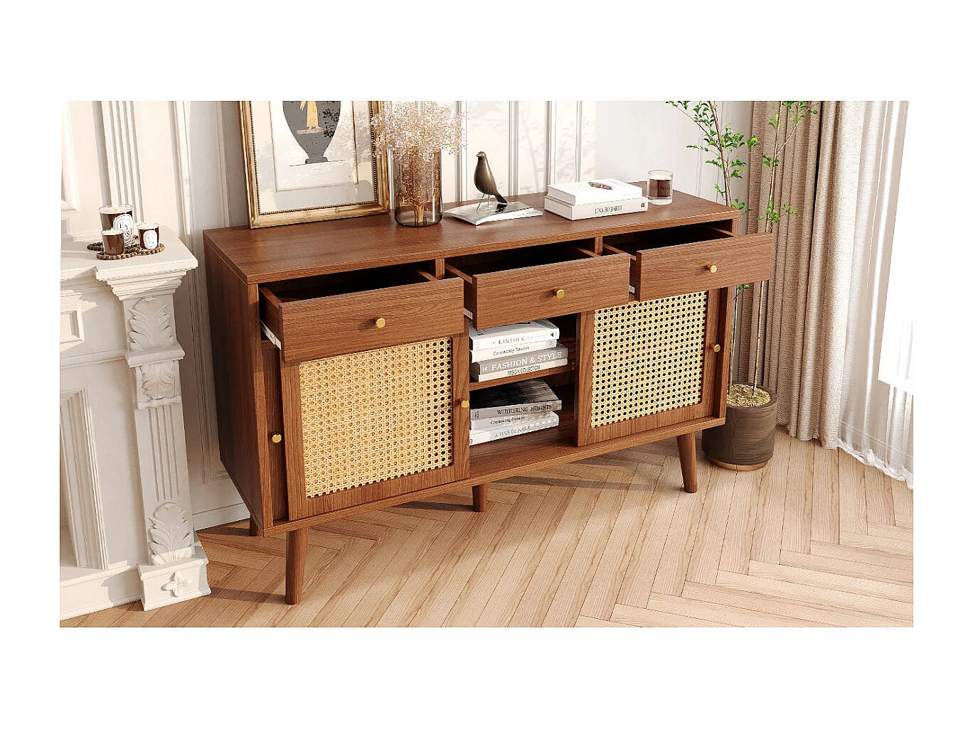 Buffet couleur noyer avec 3 tiroirs, 3 portes coulissantes, treillis en rotin, pieds en bois massif, poignées dorées, étagères réglables, 120x40x78cm.