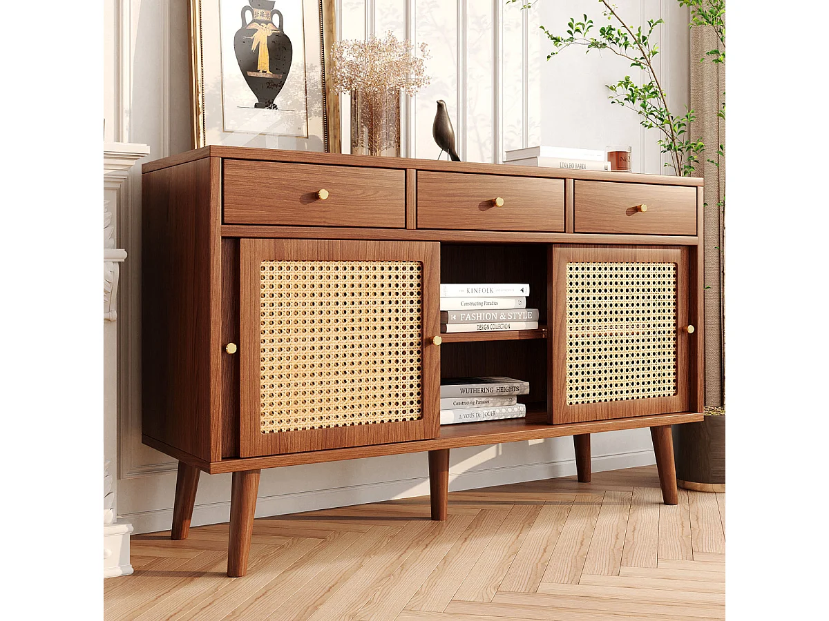 Buffet couleur noyer avec 3 tiroirs, 3 portes coulissantes, treillis en rotin, pieds en bois massif, poignées dorées, étagères réglables, 120x40x78cm.