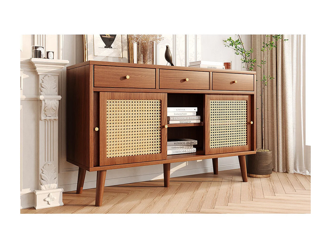 Buffet couleur noyer avec 3 tiroirs, 3 portes coulissantes, treillis en rotin, pieds en bois massif, poignées dorées, étagères réglables, 120x40x78cm.