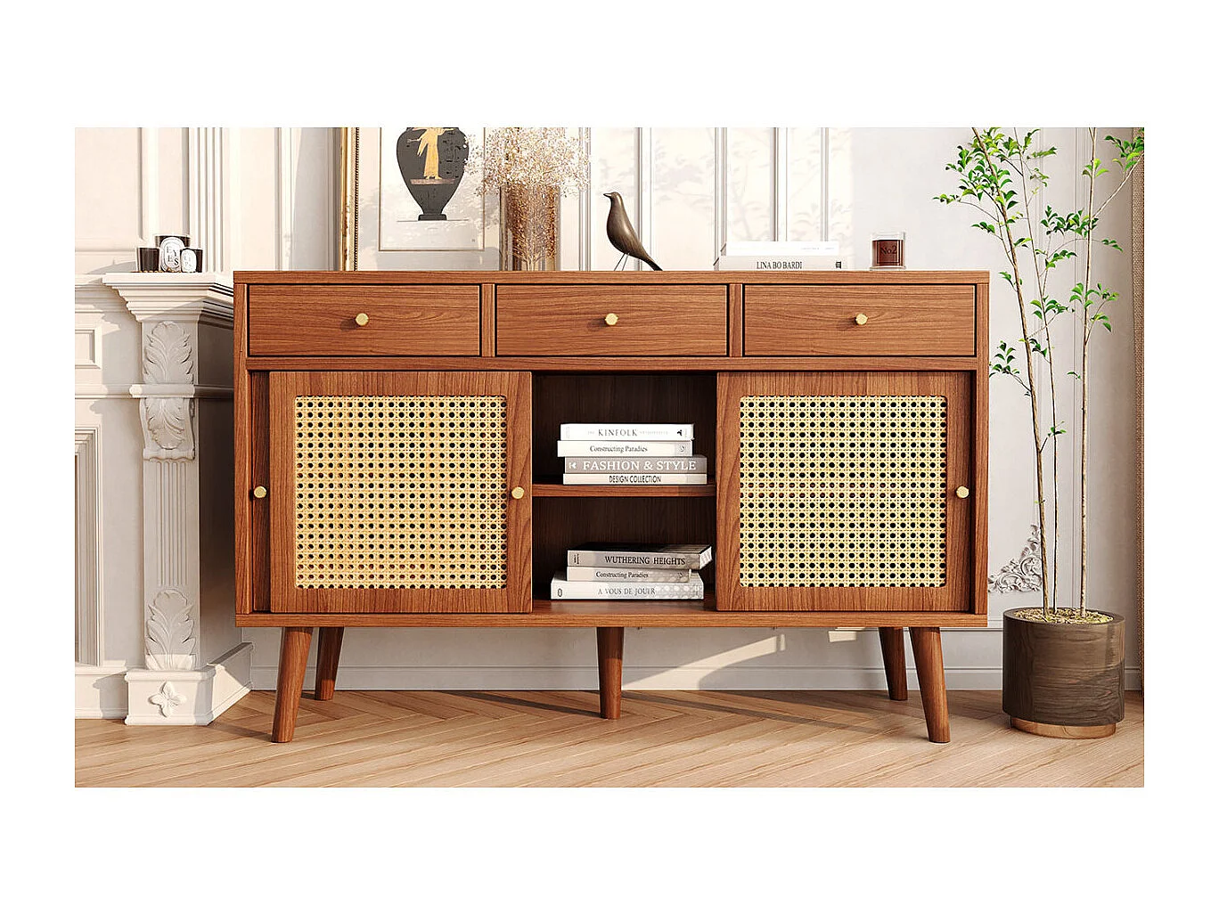 Buffet couleur noyer avec 3 tiroirs, 3 portes coulissantes, treillis en rotin, pieds en bois massif, poignées dorées, étagères réglables, 120x40x78cm.