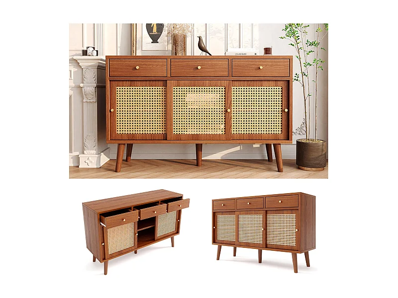 Buffet couleur noyer avec 3 tiroirs, 3 portes coulissantes, treillis en rotin, pieds en bois massif, poignées dorées, étagères réglables, 120x40x78cm.