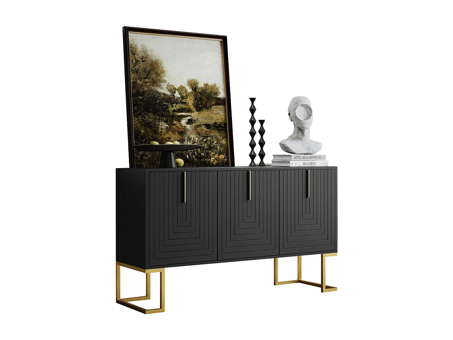 Modern 3-deurs dressoir met verstelbare planken, U-vormige deuren, metalen onderstel en handgrepen (zwart)