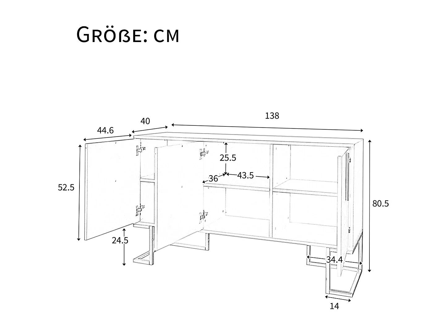 Modern 3-deurs dressoir met verstelbare planken, U-vormige deuren, metalen onderstel en handgrepen (zwart)