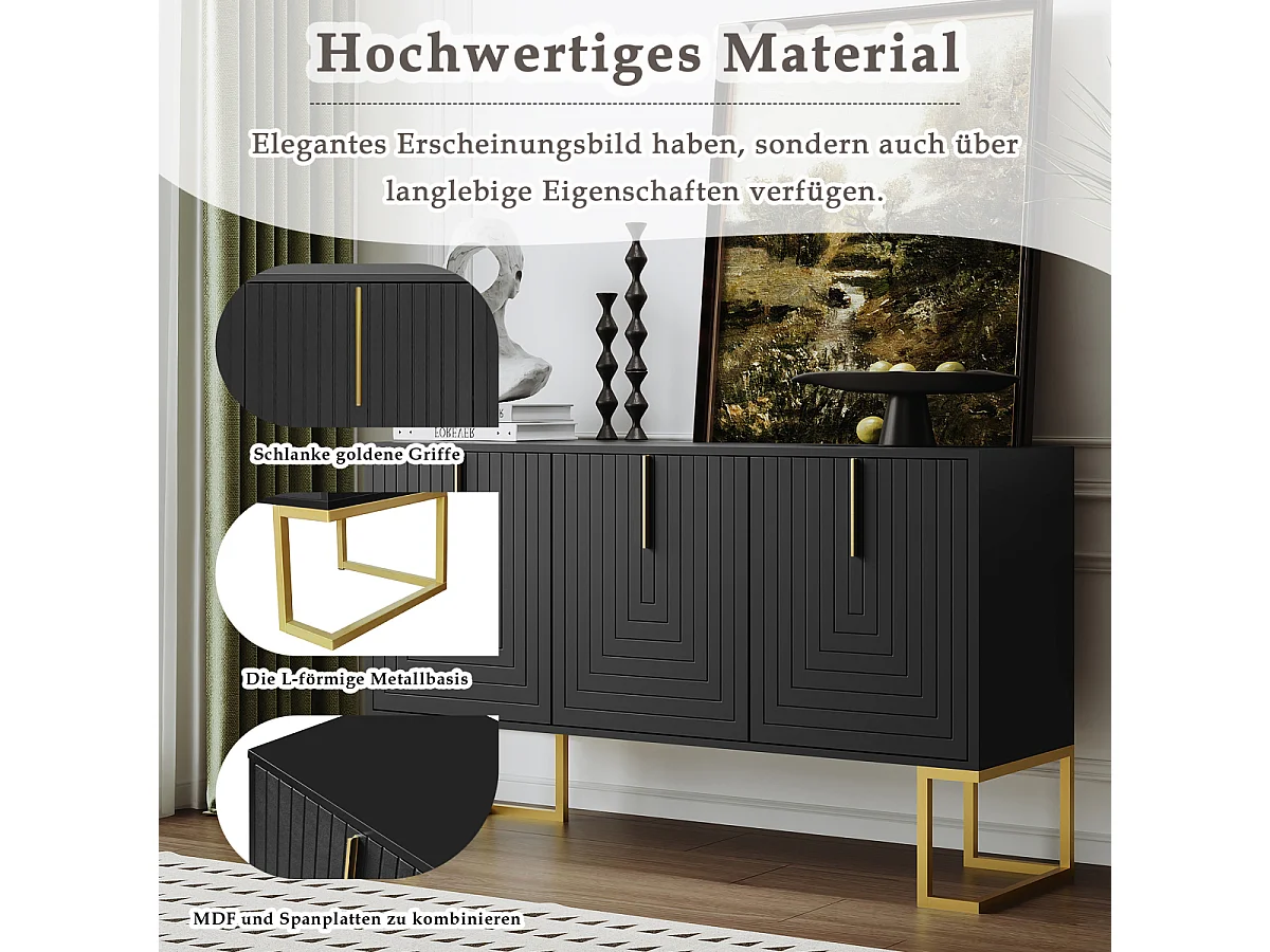 Modern 3-deurs dressoir met verstelbare planken, U-vormige deuren, metalen onderstel en handgrepen (zwart)