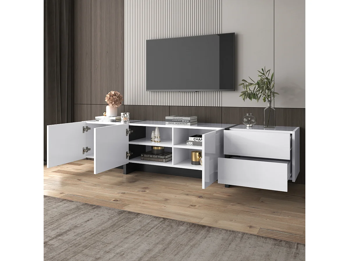 Mobile TV bianco e nero lucido con ante e cassetti. Design semplice e lineare.