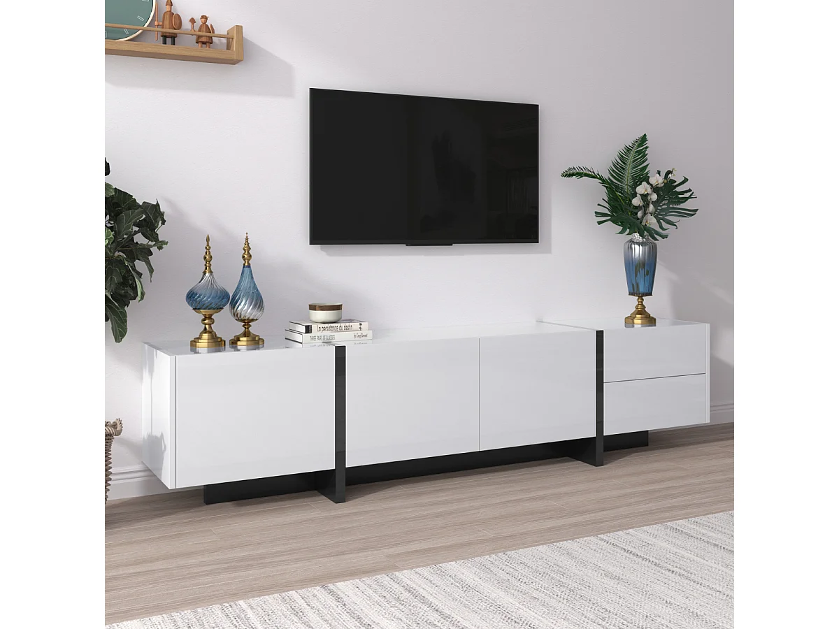 Mobile TV bianco e nero lucido con ante e cassetti. Design semplice e lineare.