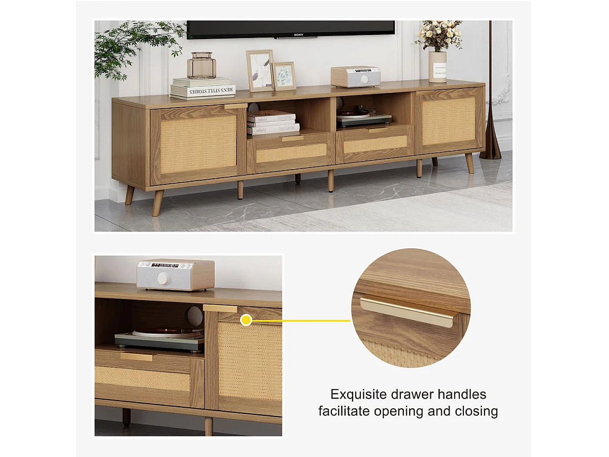 Rotan tv-consoletafel (200x37x49cm) met massief houten poten