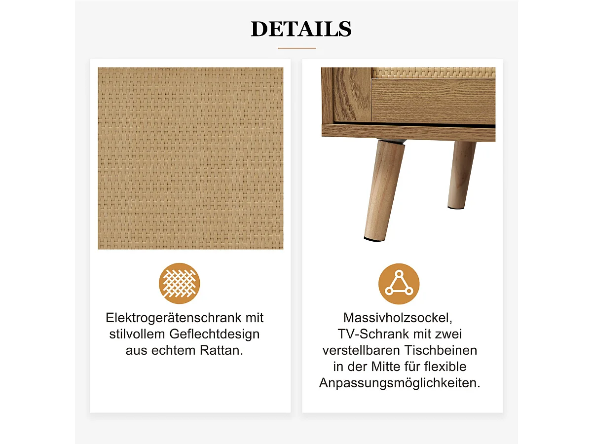 Rotan tv-consoletafel (200x37x49cm) met massief houten poten