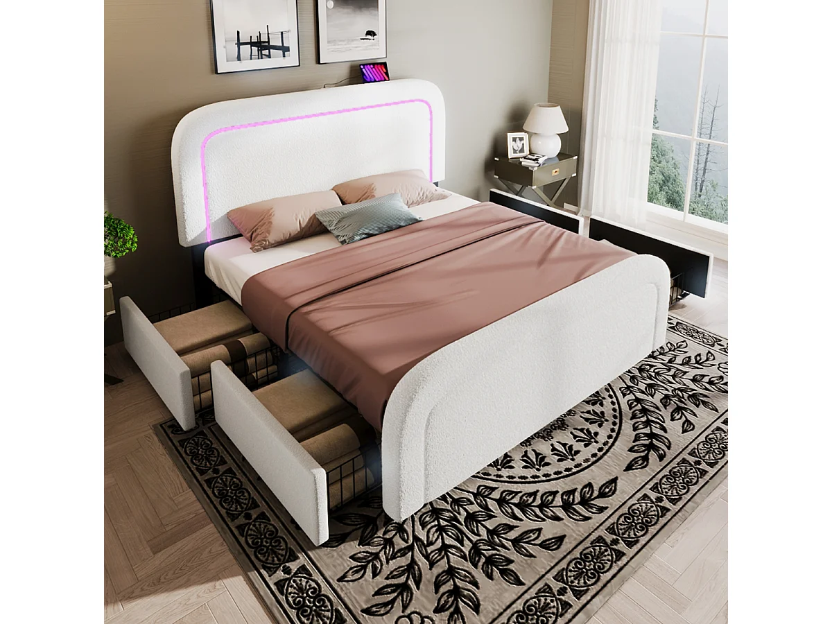 Cadre de lit avec port USB-C, LED, 4 tiroirs, 160x200cm, blanc (sans matelas)