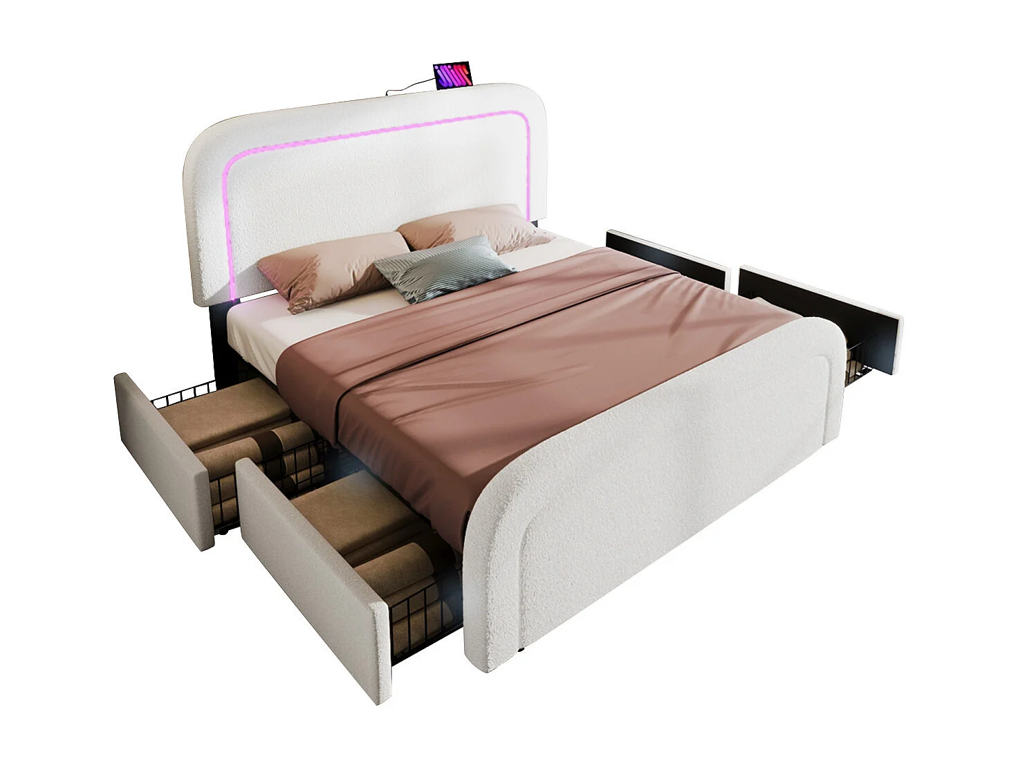 Cadre de lit avec port USB-C, LED, 4 tiroirs, 160x200cm, blanc (sans matelas)