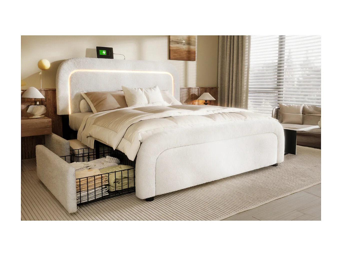 Cadre de lit avec port USB-C, LED, 4 tiroirs, 160x200cm, blanc (sans matelas)