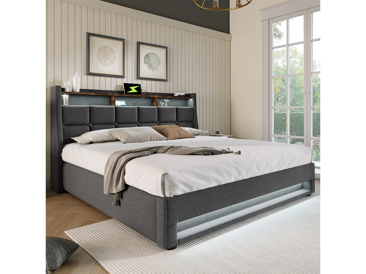 Letto imbottito con USB 160x200cm, letto matrimoniale a LED con rete a doghe e struttura in metallo (con materasso)