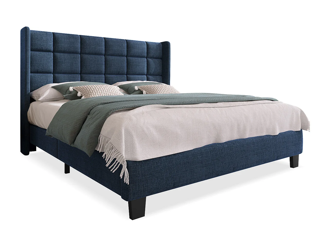 Gestoffeerd tweepersoonsbed, 140x200cm, blauw linnen, medium-firm (zonder matras)