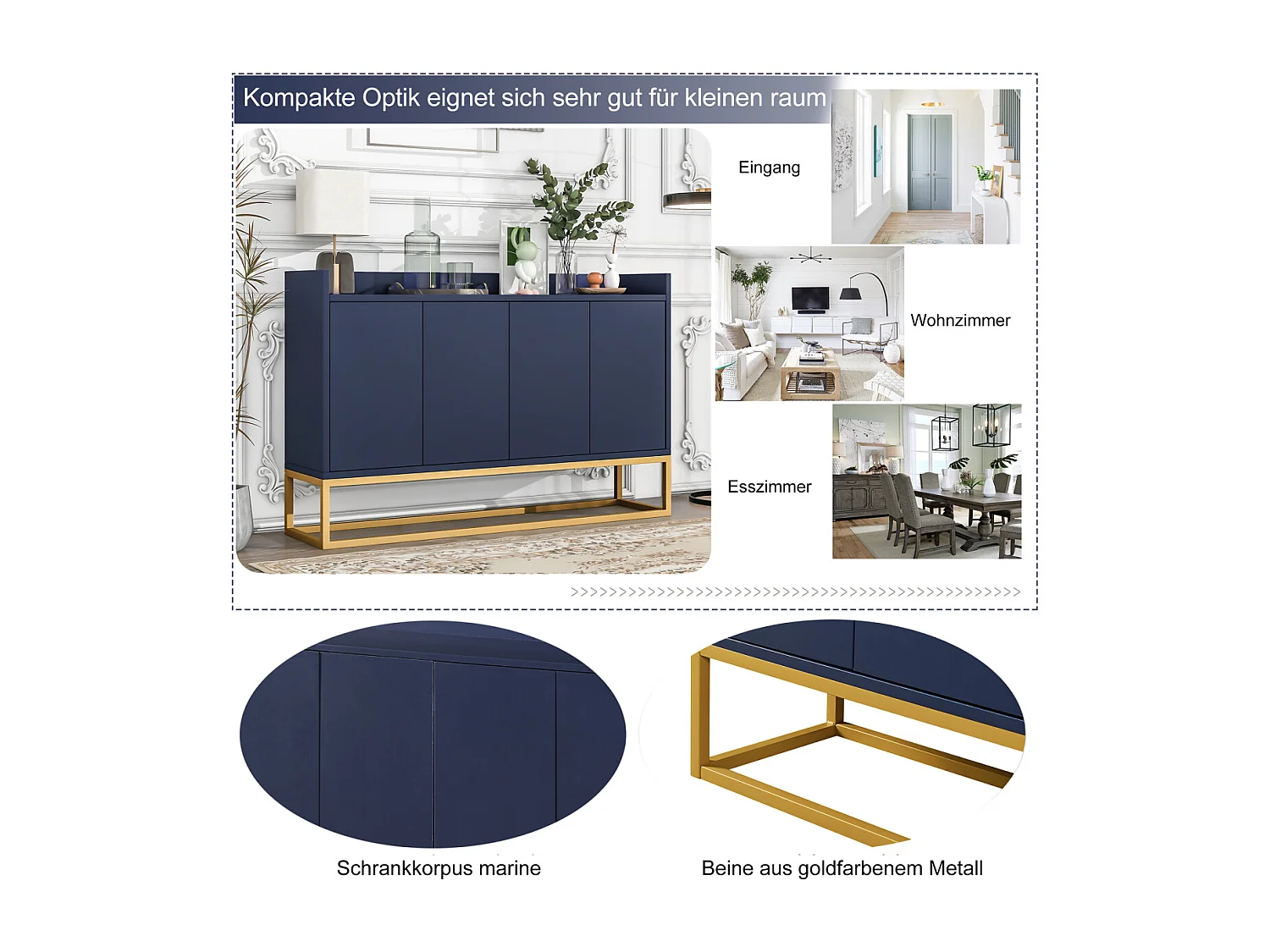 Buffet moderne minimaliste à 4 portes sans poignées (bleu marine)