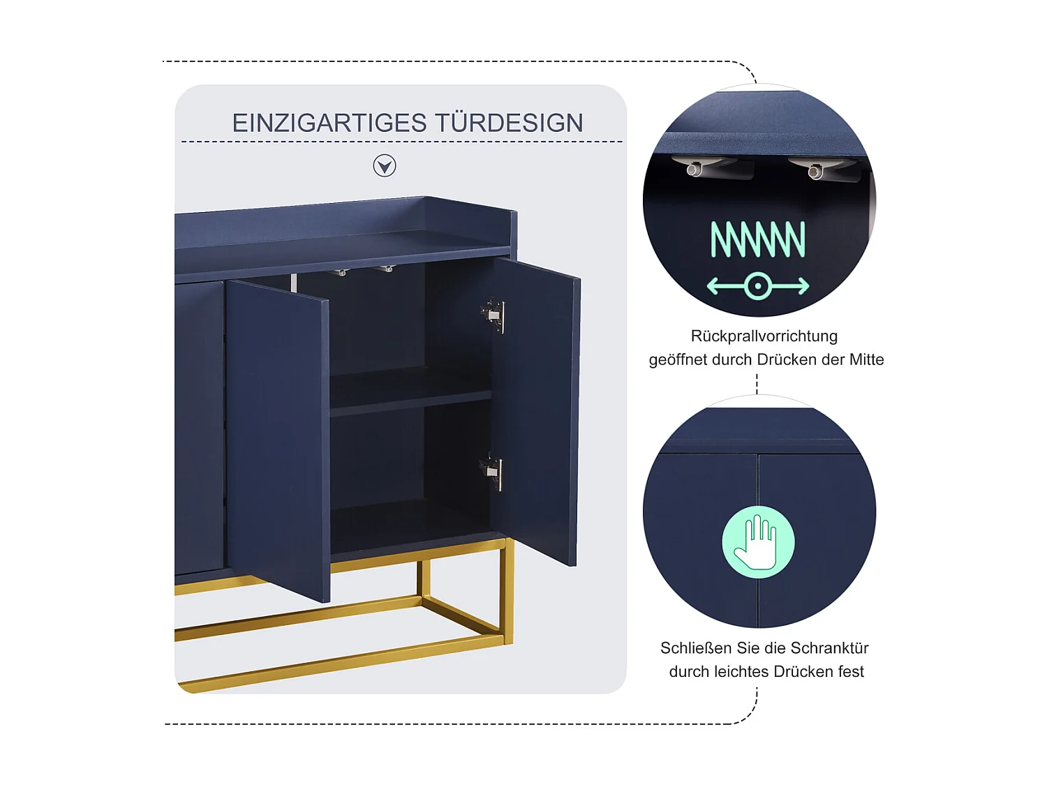 Buffet moderne minimaliste à 4 portes sans poignées (bleu marine)