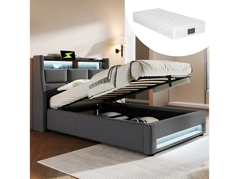 Letto imbottito 90x200cm con USB, LED e rete a doghe, letto per ragazzi (con materasso)