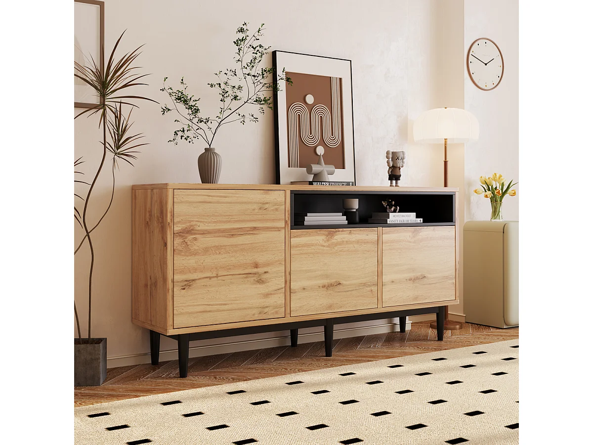 Modern houten dressoir met 3 deuren en planken, 160x35x76cm, eenvoudige montage, ruimtebesparend, robuust.