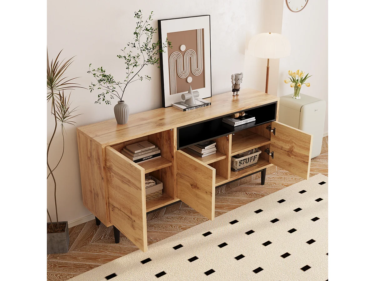 Modern houten dressoir met 3 deuren en planken, 160x35x76cm, eenvoudige montage, ruimtebesparend, robuust.