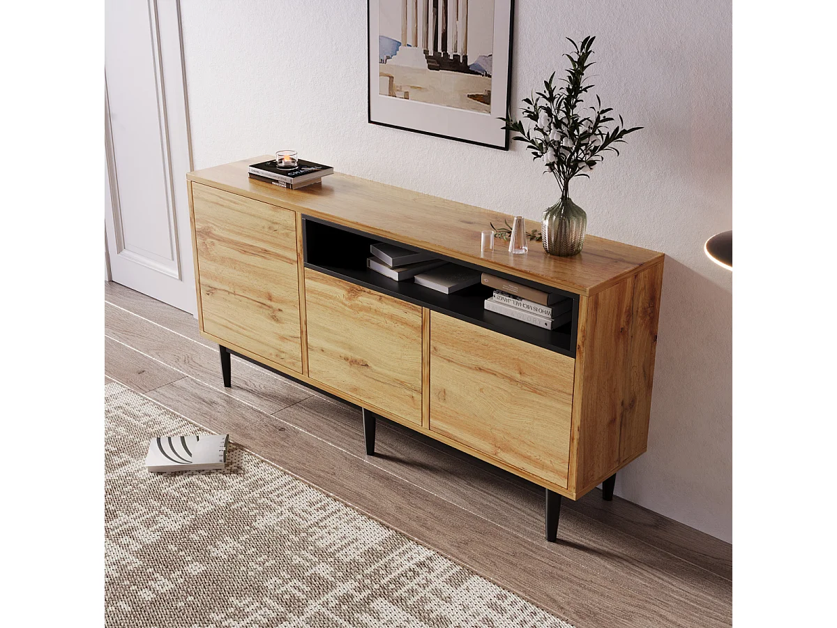 Modern houten dressoir met 3 deuren en planken, 160x35x76cm, eenvoudige montage, ruimtebesparend, robuust.