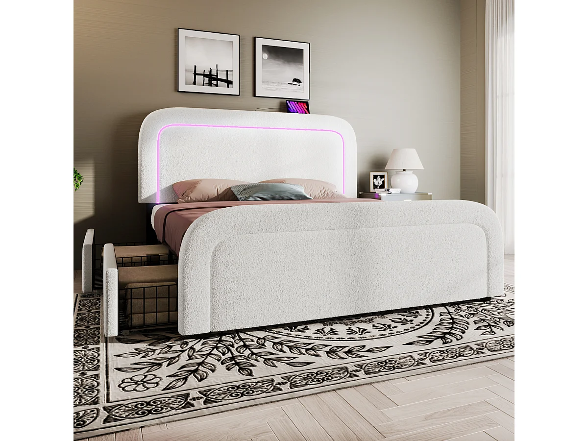 Cadre de lit Sherp blanc avec port USB, LED, 4 tiroirs, 160x200cm (avec matelas)