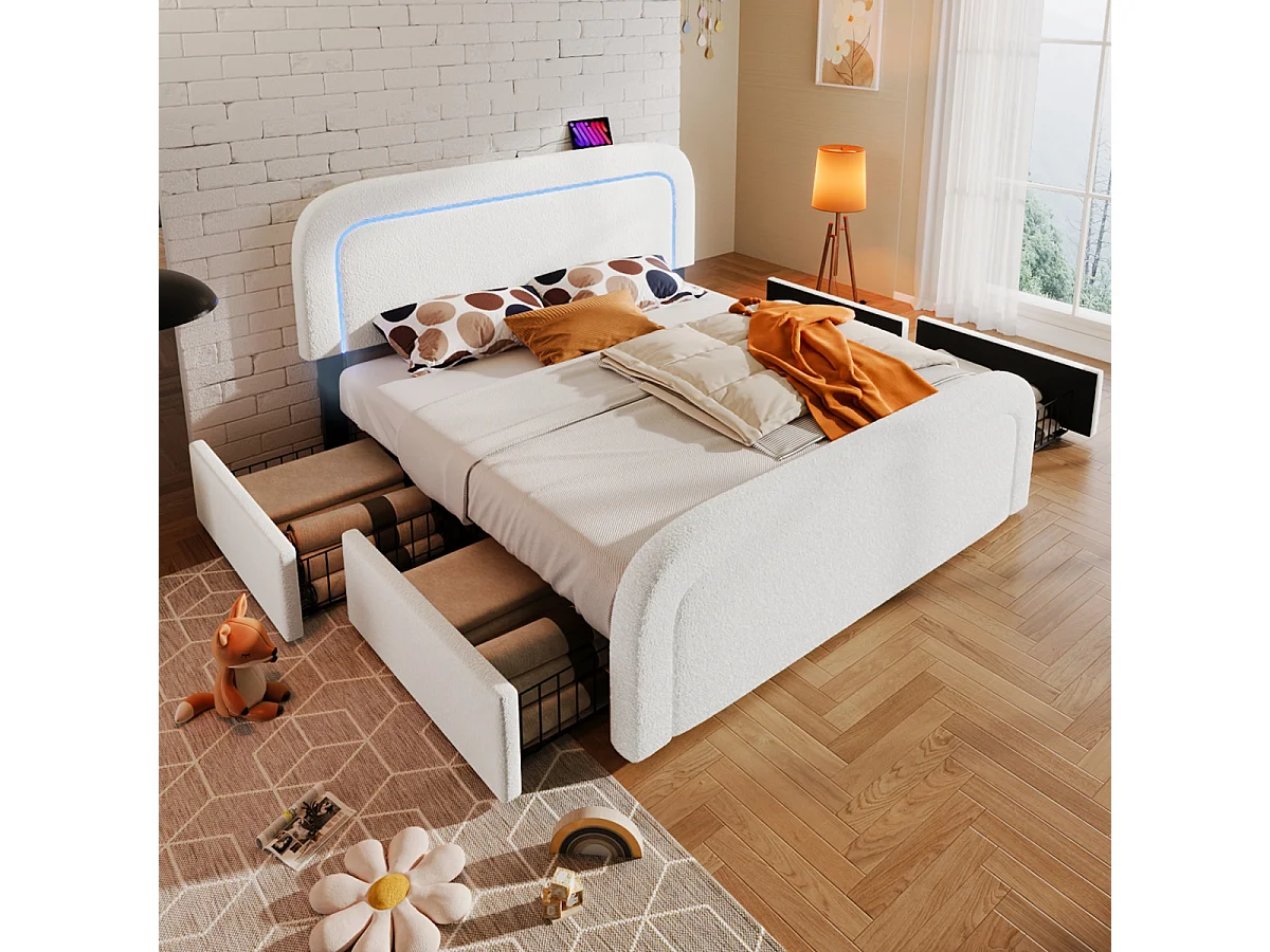 Cadre de lit Sherp blanc avec port USB, LED, 4 tiroirs, 160x200cm (avec matelas)