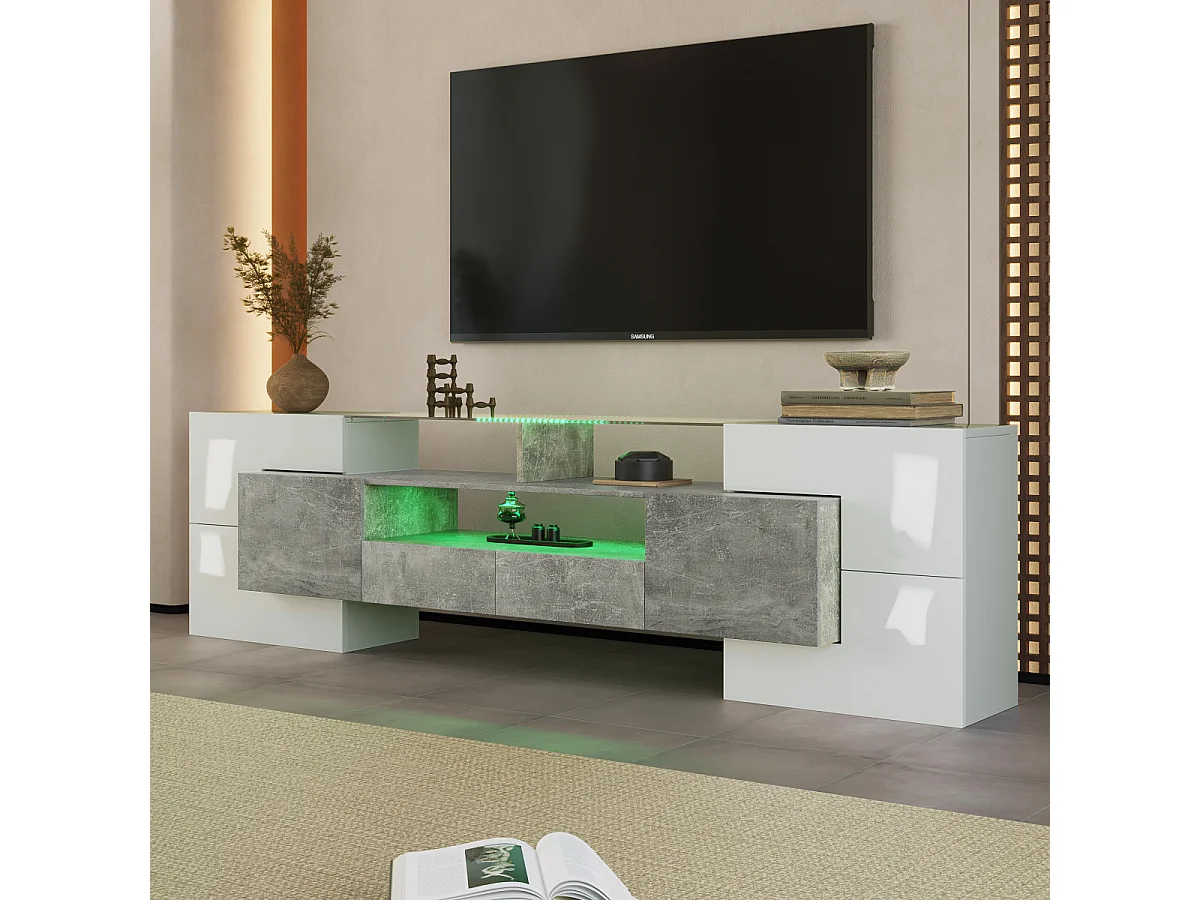 Meuble TV élégant, modèle bas, blanc brillant, 200 cm, éclairage LED, design moderne, surface en verre.