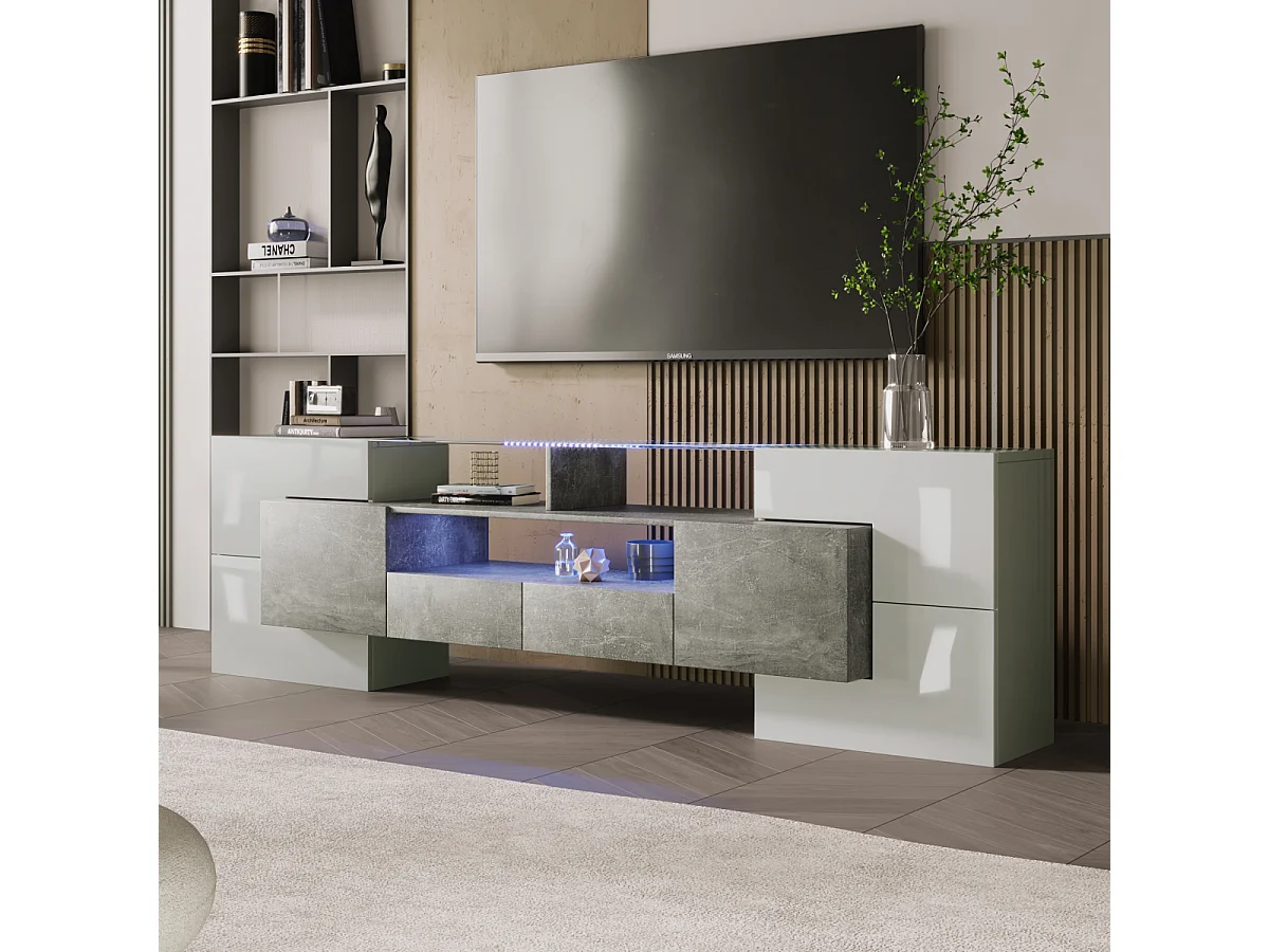 Meuble TV élégant, modèle bas, blanc brillant, 200 cm, éclairage LED, design moderne, surface en verre.