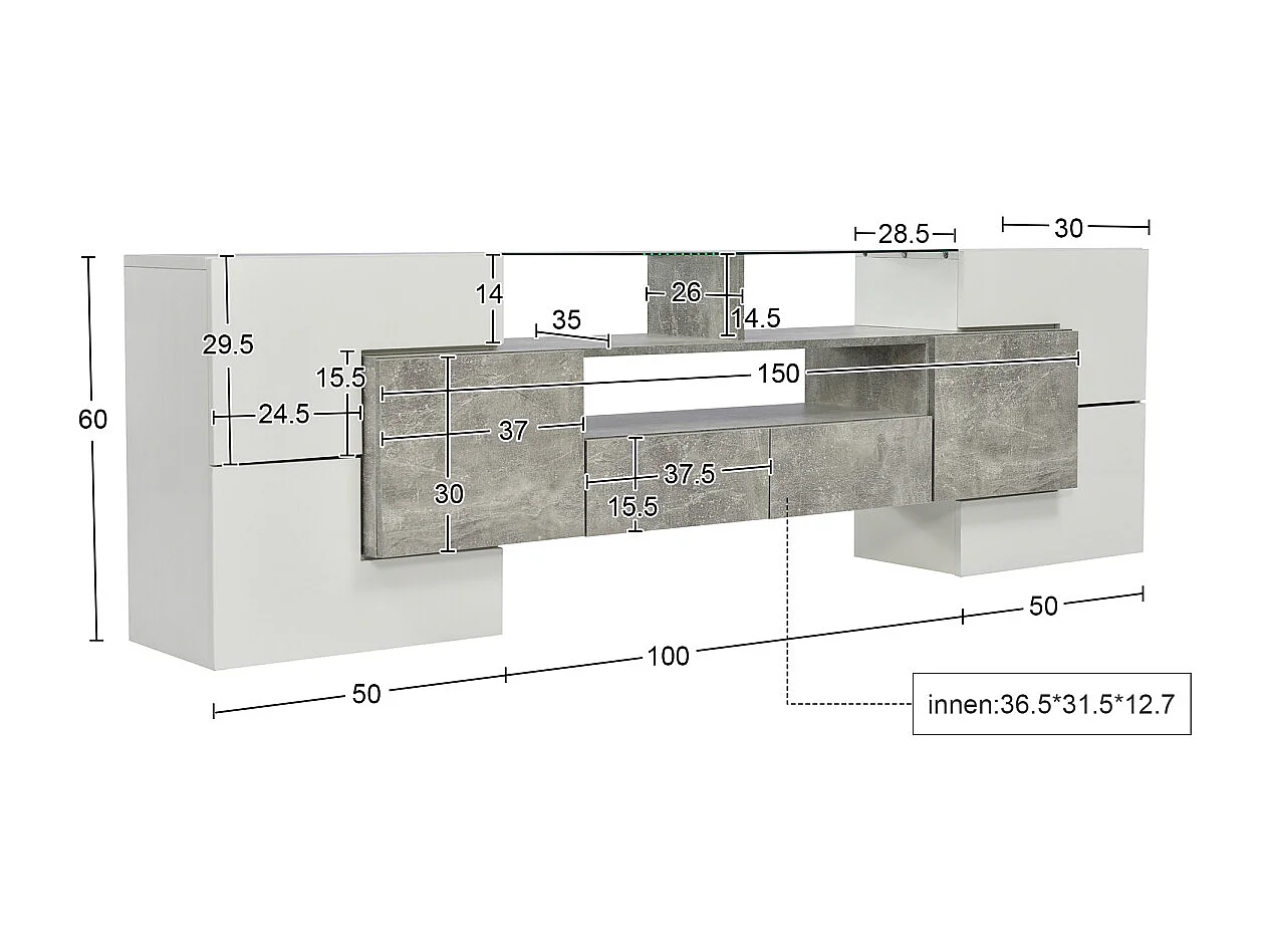 Meuble TV élégant, modèle bas, blanc brillant, 200 cm, éclairage LED, design moderne, surface en verre.