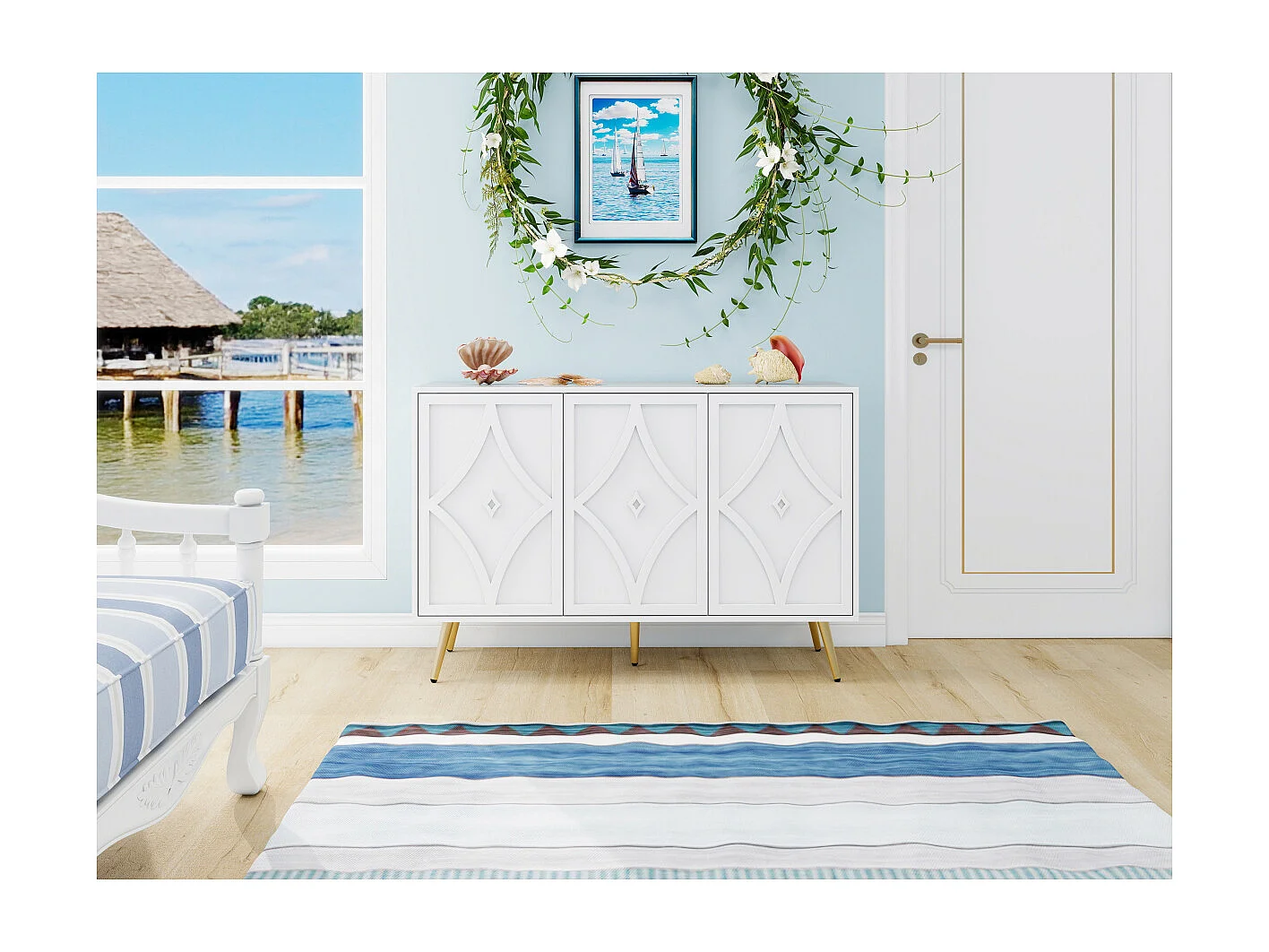 Credenza con 3 ante, motivo 3D, gambe dorate, moderna, 120×40×80 cm