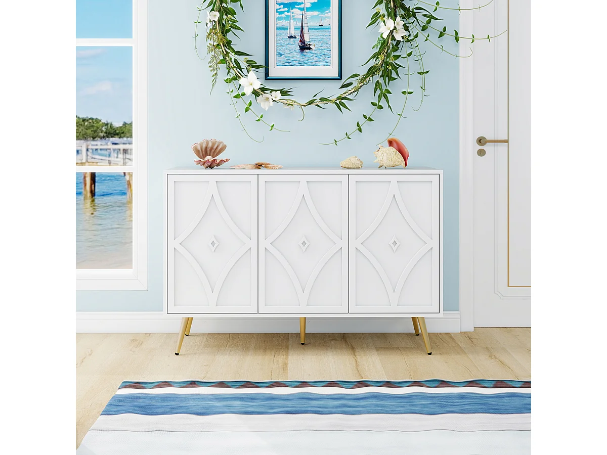 Credenza con 3 ante, motivo 3D, gambe dorate, moderna, 120×40×80 cm