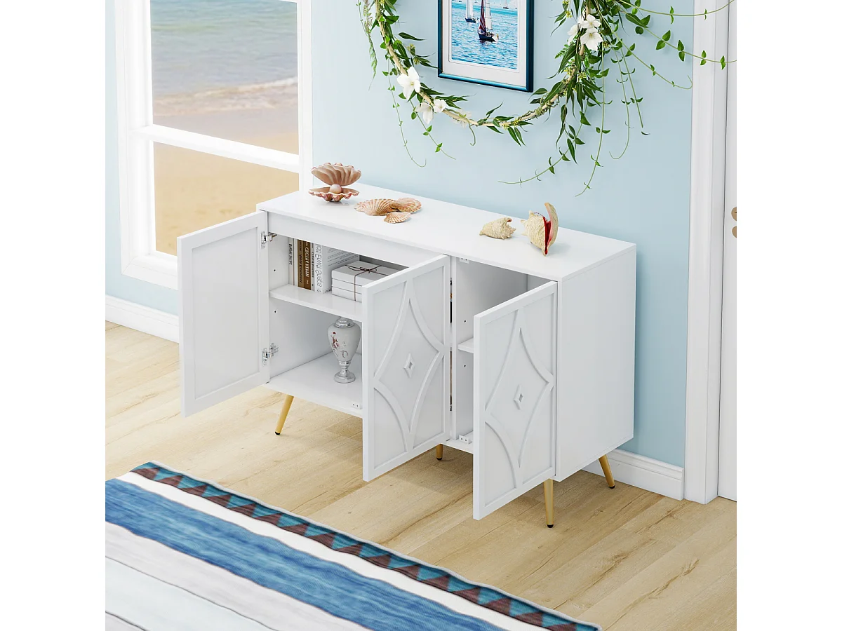 Credenza con 3 ante, motivo 3D, gambe dorate, moderna, 120×40×80 cm