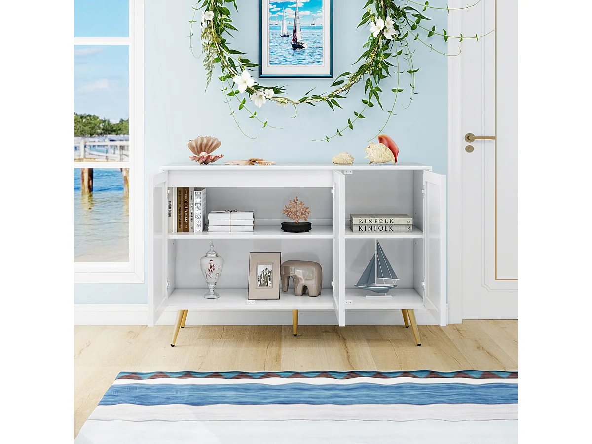 Credenza con 3 ante, motivo 3D, gambe dorate, moderna, 120×40×80 cm