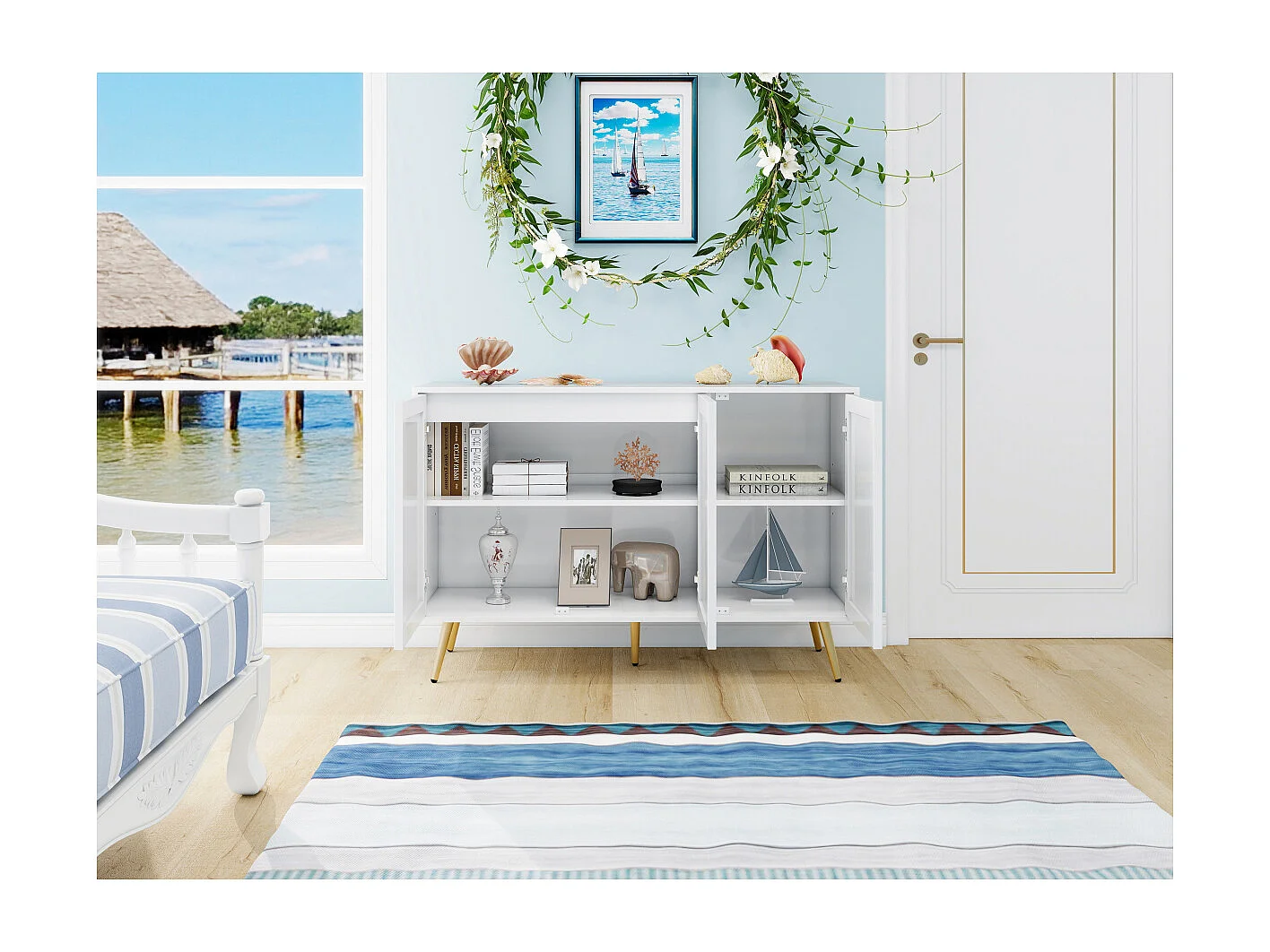 Credenza con 3 ante, motivo 3D, gambe dorate, moderna, 120×40×80 cm