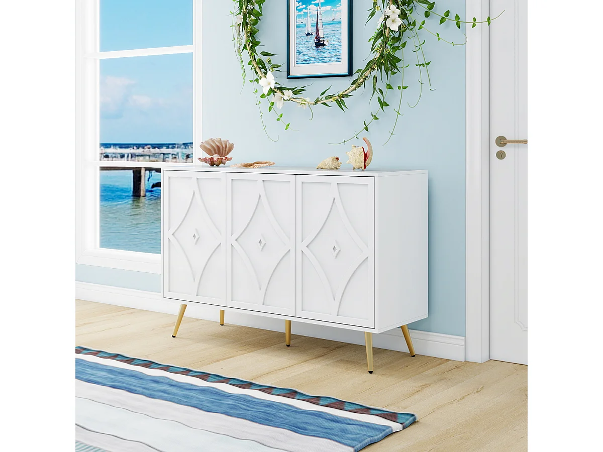 Credenza con 3 ante, motivo 3D, gambe dorate, moderna, 120×40×80 cm