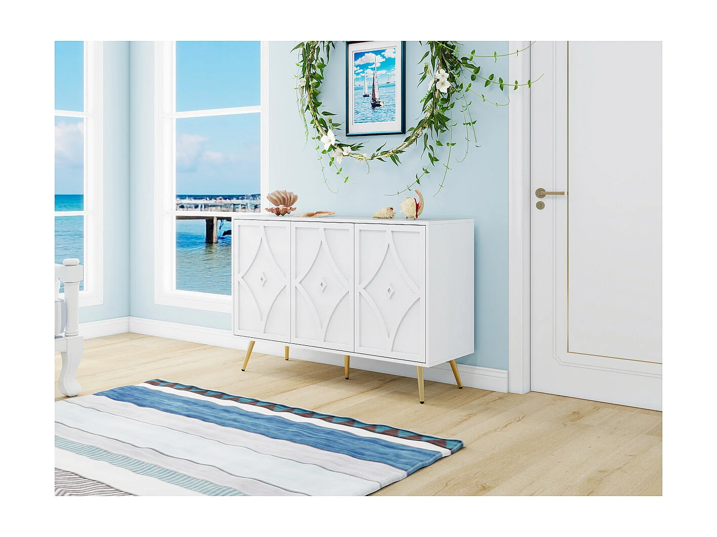 Credenza con 3 ante, motivo 3D, gambe dorate, moderna, 120×40×80 cm