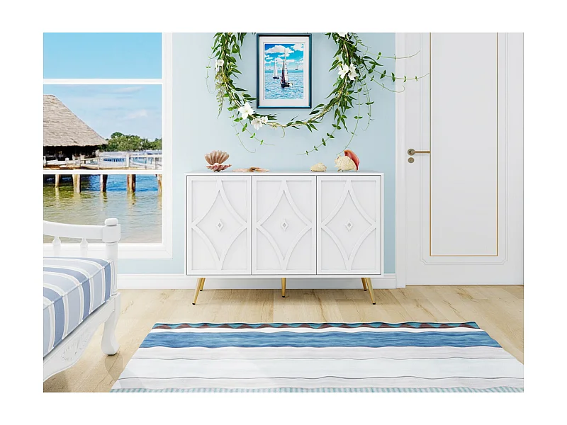 Credenza con 3 ante, motivo 3D, gambe dorate, moderna, 120×40×80 cm