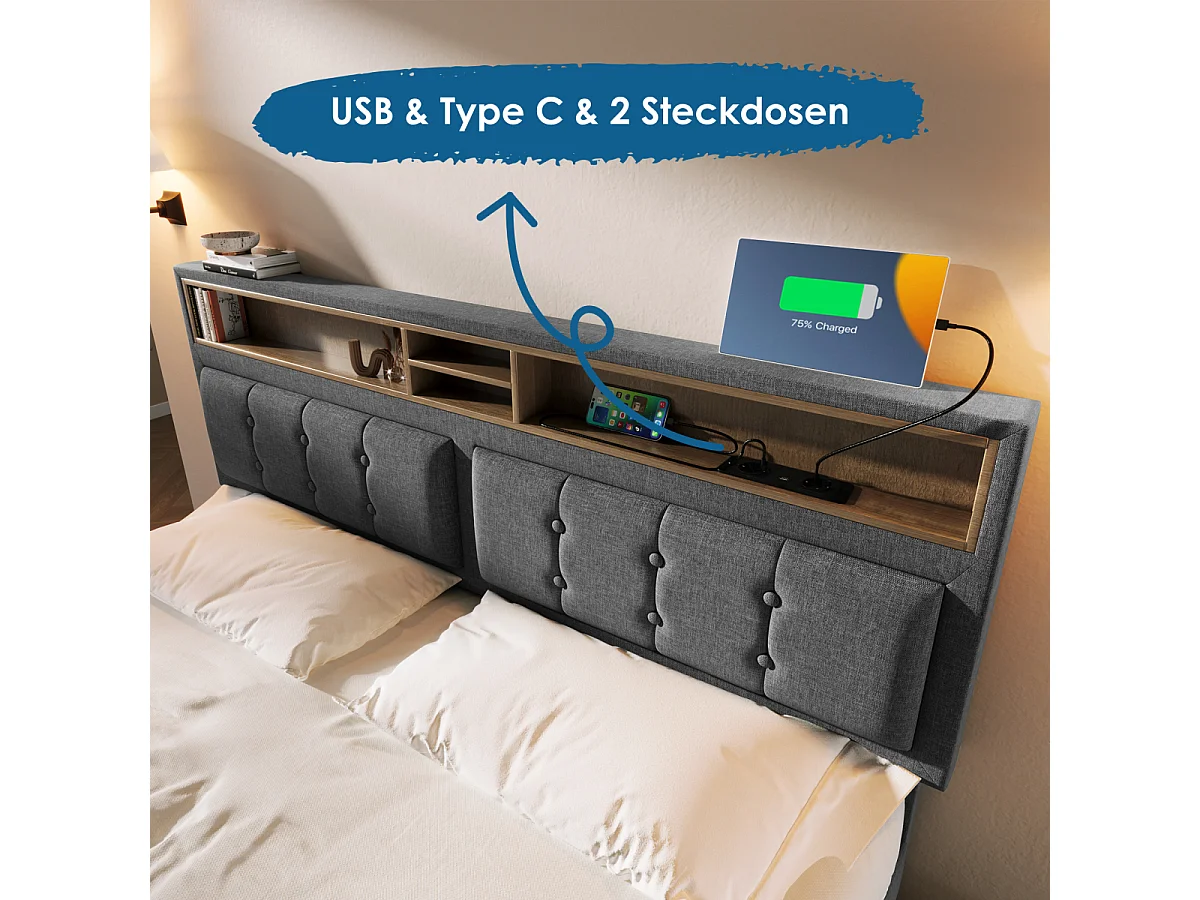 Cama tapizada 140x200 con USB-C, espacio de almacenaje, funda de lino (sin colchón)