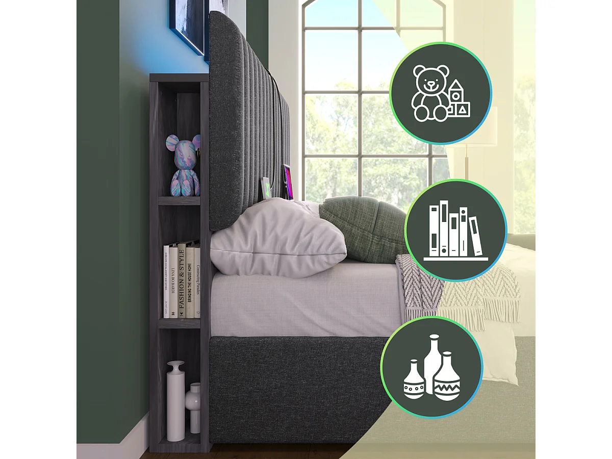 Cama tapizada 140x200cm gris con almacenaje, LED, USB y cabecero regulable (con colchón)