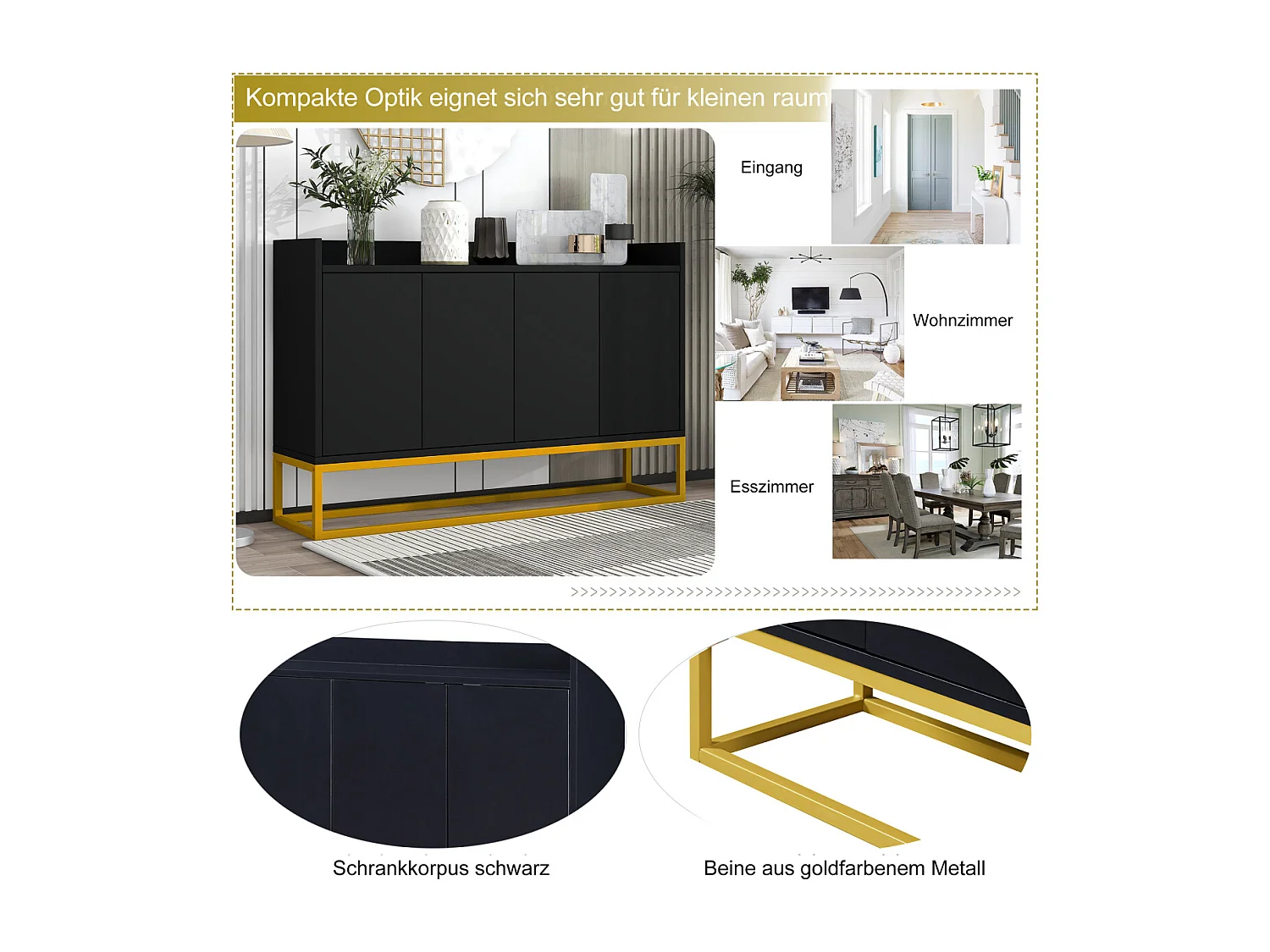 Buffet moderne minimaliste à 4 portes sans poignées (noir)