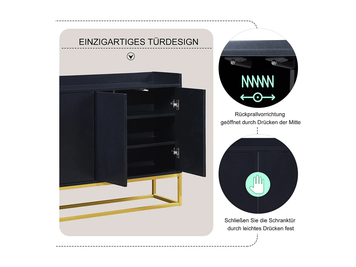 Buffet moderne minimaliste à 4 portes sans poignées (noir)