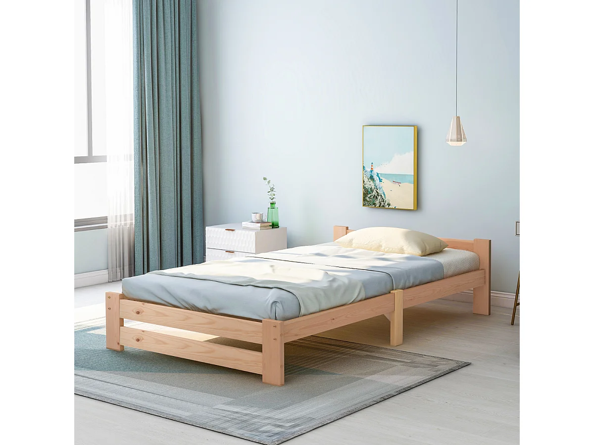 Cadre de lit futon en bois massif avec tête de lit et sommier à lattes, naturel (200x90cm)