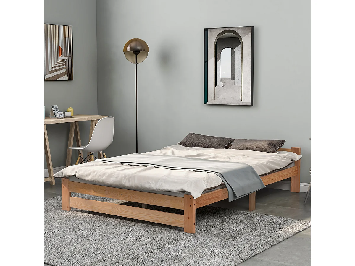 Futonbed van massief hout met hoofdeinde en lattenbodem, natuurlijk (200x140cm)