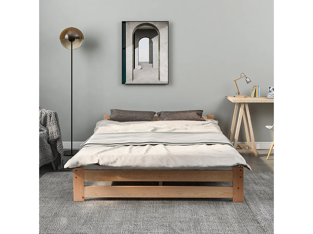 Futonbed van massief hout met hoofdeinde en lattenbodem, natuurlijk (200x140cm)